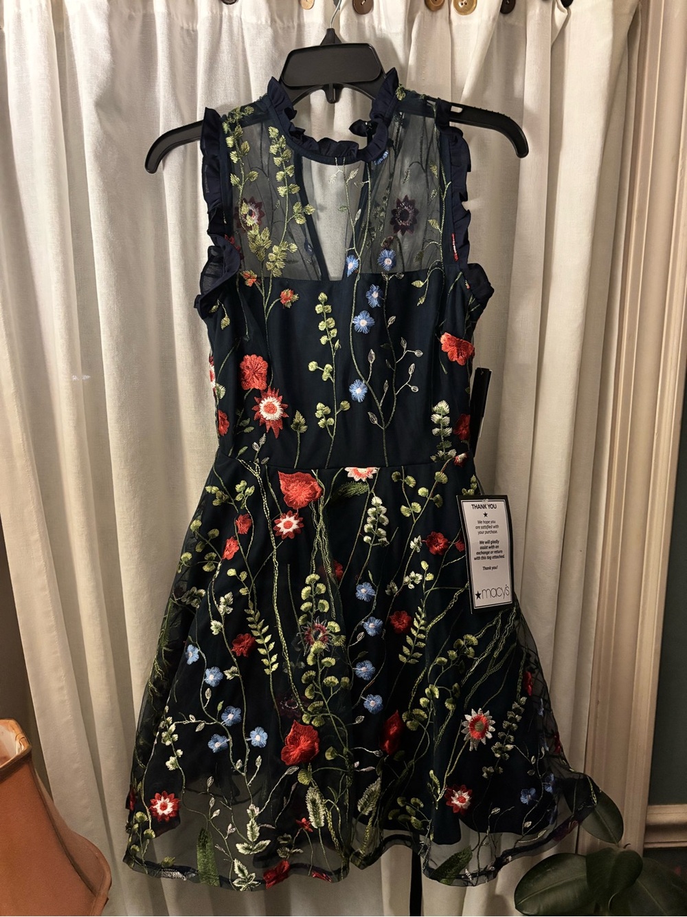 Embroidered Floral Navy Mini Dress with Ruffled Neckline